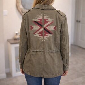 Blu Pepper Olive Utility Jacket M – Aztec Embroidered Back Raw Hem Boho Military